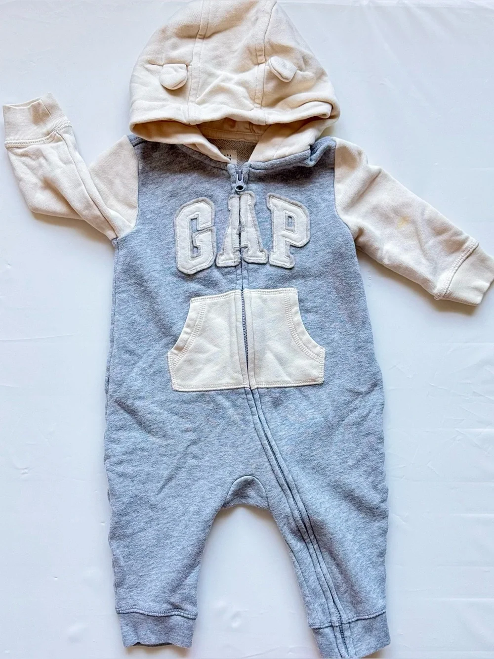 GAP Baby Hooded Romper in Light Gray and Cream